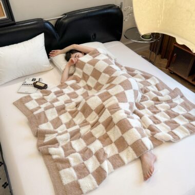  MUJI-style faux mink cable knit fleece blanket with soft cloud-touch backing